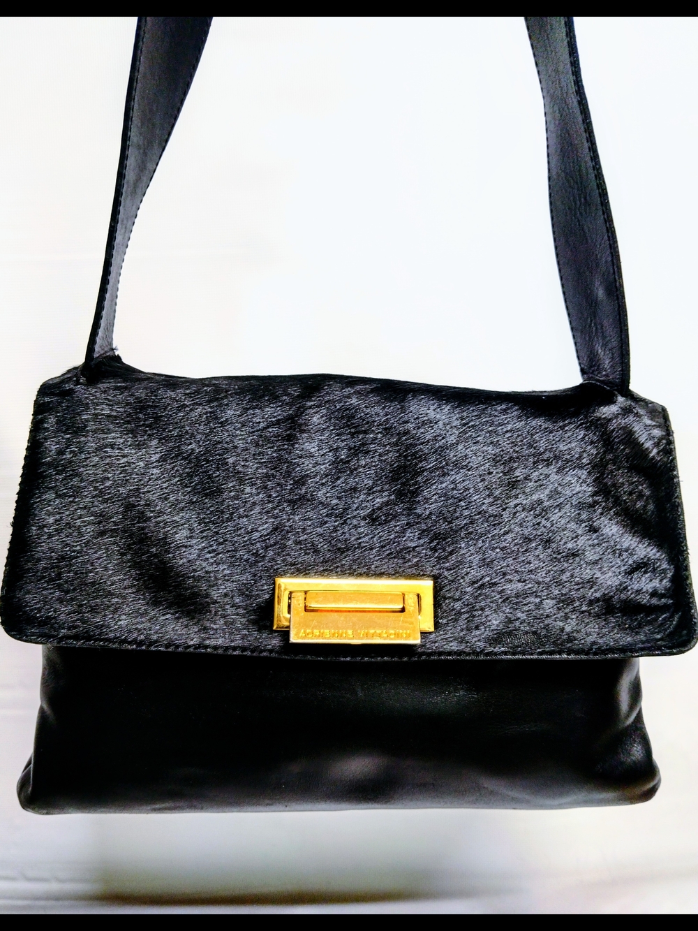 Black Leather and Haircalf Shoulder Bag with Gold Hardware From Adrienne Vittadi
